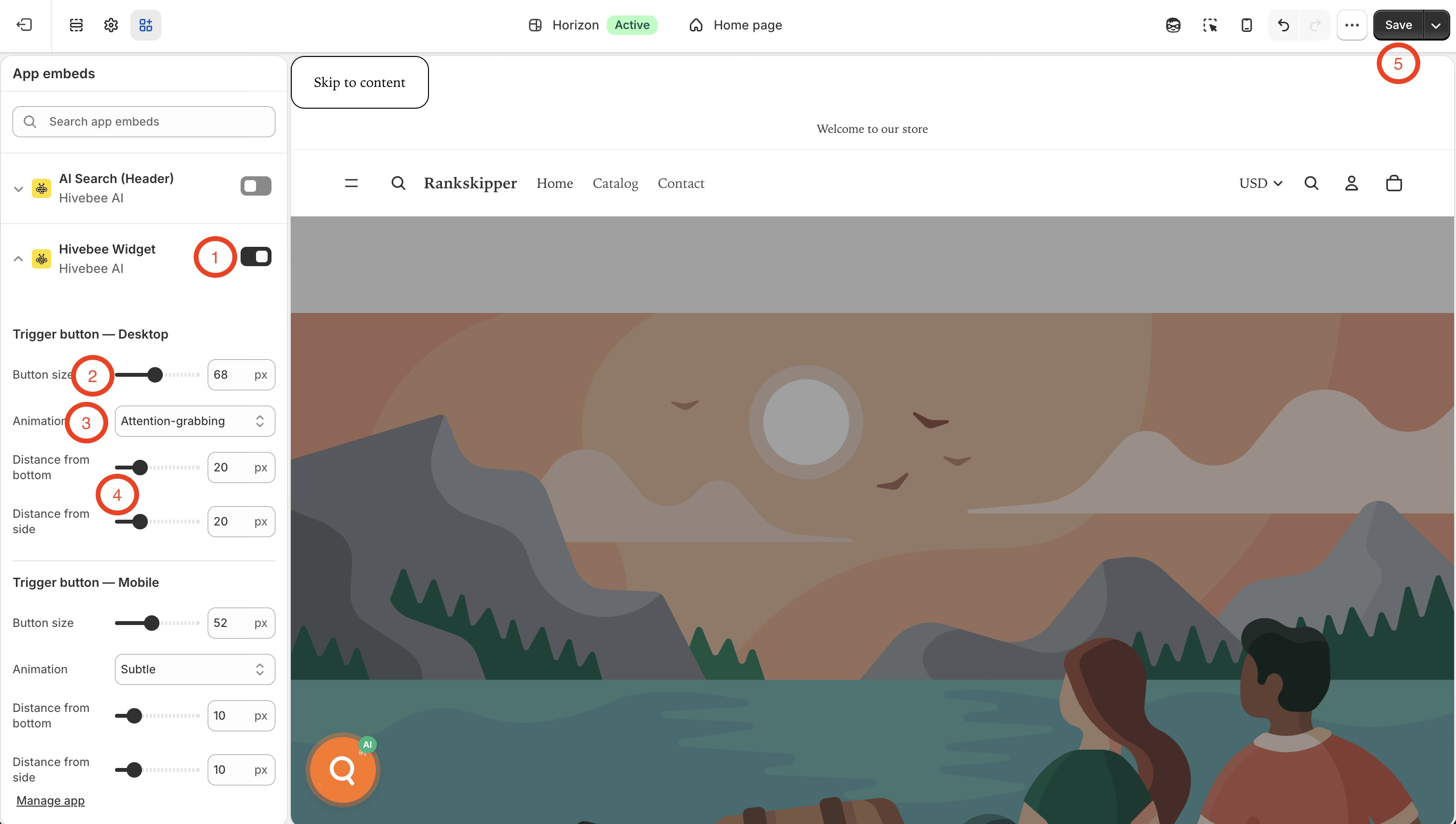 Floating Widget button customization settings